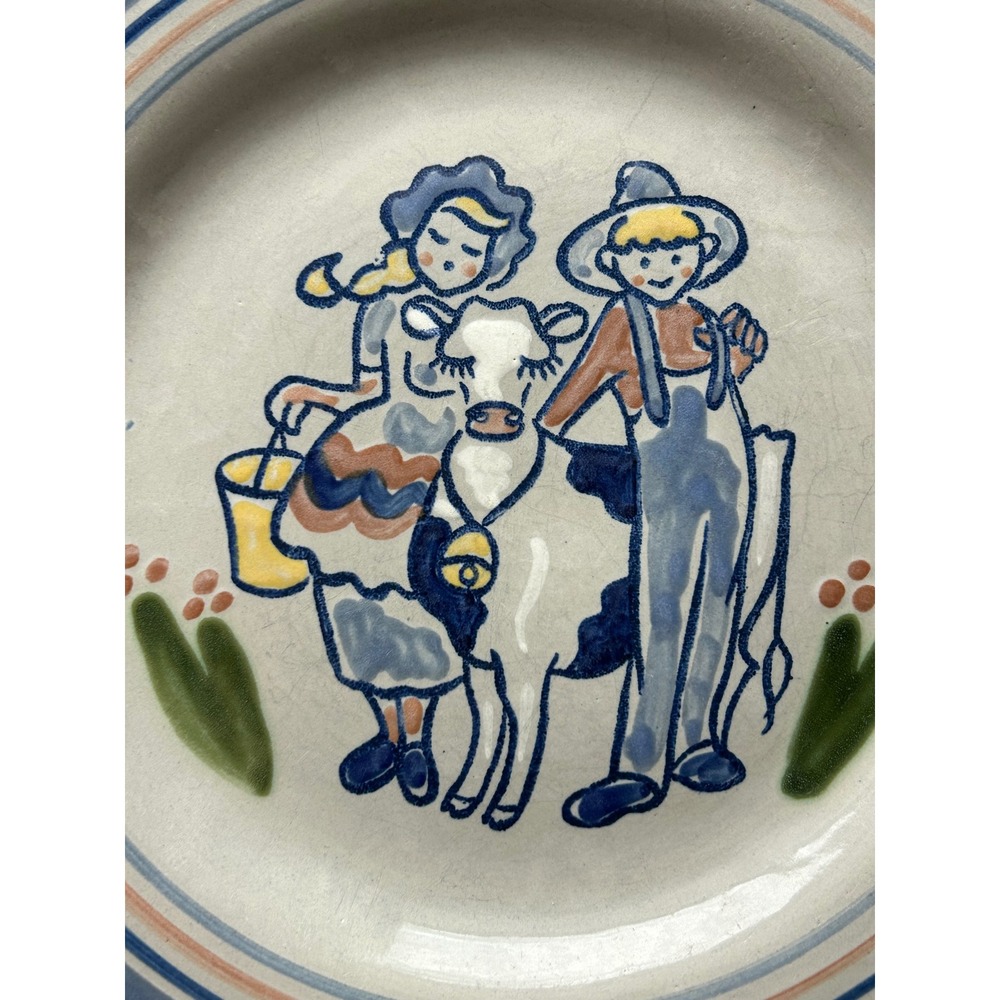 Vintage Louisville Stoneware Plate Farm Couple Cow Folk Art Blue Rim - Picture 2 of 4